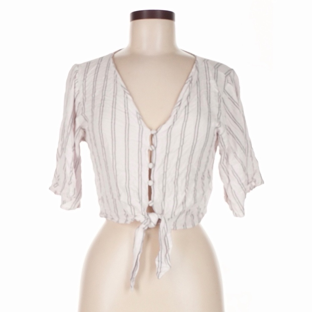 Bershka Cream Striped Tie-Front Crop Top